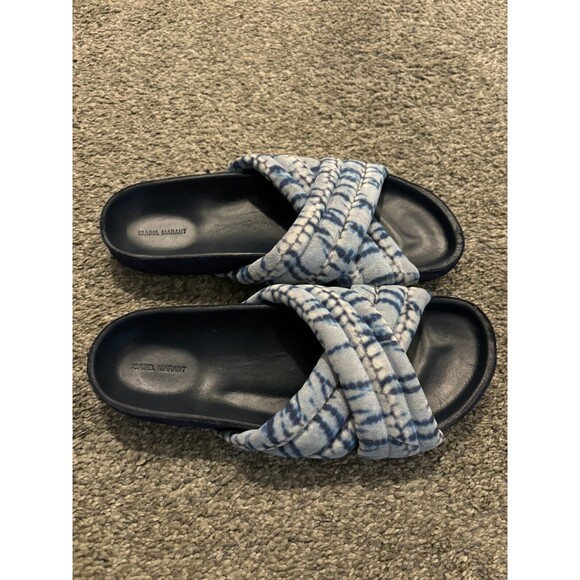 ISABEL MARANT SZ 39/9BLUE TIE DYE HOLDEN VELVET TYE SANDALS SLIDES # 4413